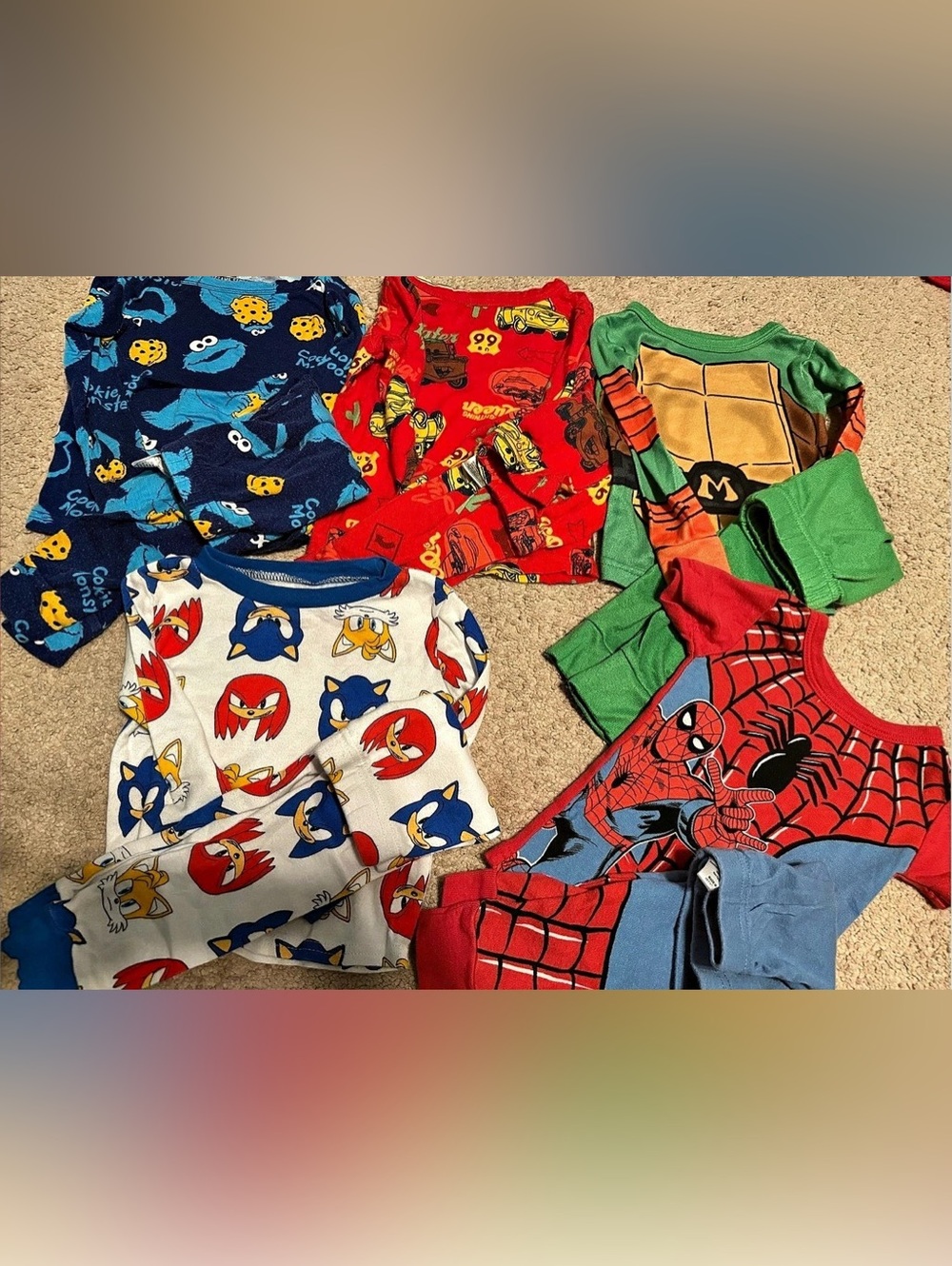 5 piece pj sets- Sesame Street,Pixar Cars,ninja turtles,spider man,sonic-2T